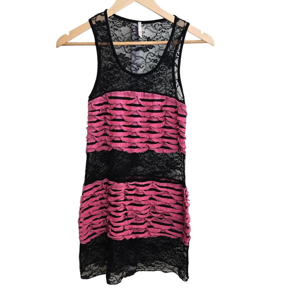 Ellus Black Lace Pink Stripe Ruffle Mini Dress Size Small Y2K Goth‎ Whimsical